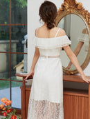 ERUKEI/S2510/エルケイ/ドレス/ミディアムドレス/ワンピース/総レース/リボンビジュー/オープンショルダー/ひざ下/Aライン