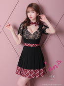 an/AOC-3397/ワンピース/ミニドレス/レース/プリーツ/チェック/襟付き/フロントジップ