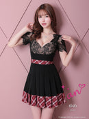 an/AOC-3397/ワンピース/ミニドレス/レース/プリーツ/チェック/襟付き/フロントジップ