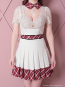 an/AOC-3397/ワンピース/ミニドレス/レース/プリーツ/チェック/襟付き/フロントジップ