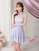 an/AOC-3411/ワンピース/ミニドレス/レース/ドットチュール/プリーツ/襟付き