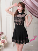 an/AOC-3411/ワンピース/ミニドレス/レース/ドットチュール/プリーツ/襟付き