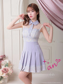 an/AOC-3411/ワンピース/ミニドレス/レース/ドットチュール/プリーツ/襟付き