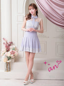 an/AOC-3411/ワンピース/ミニドレス/レース/ドットチュール/プリーツ/襟付き