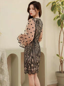 [SETTAN]ブラック×ベージュ・ドット・レース・シースルー・ロングスリーブ・タイト・ミニドレス・ワンピース [S33111]