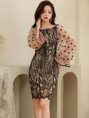 [SETTAN]ブラック×ベージュ・ドット・レース・シースルー・ロングスリーブ・タイト・ミニドレス・ワンピース [S33111]