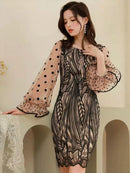 [SETTAN]ブラック×ベージュ・ドット・レース・シースルー・ロングスリーブ・タイト・ミニドレス・ワンピース [S33111]