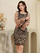 [SETTAN]ブラック×ベージュ・ドット・レース・シースルー・ロングスリーブ・タイト・ミニドレス・ワンピース [S33111]