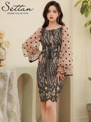 [SETTAN]ブラック×ベージュ・ドット・レース・シースルー・ロングスリーブ・タイト・ミニドレス・ワンピース [S33111]