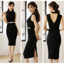 [ドレープウエストビジューVバックタイトミディアムドレス]Veautt(ヴュート)|VT05228/ナイトドレス/キャバドレス/ドレス/フォーマル/