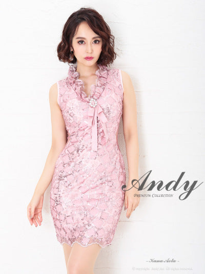 Andy/AN-OK2130/ワンピース/ミニドレス/キャバドレス/フリル/リボンタイ/ノースリーブ/Vネック/タイト