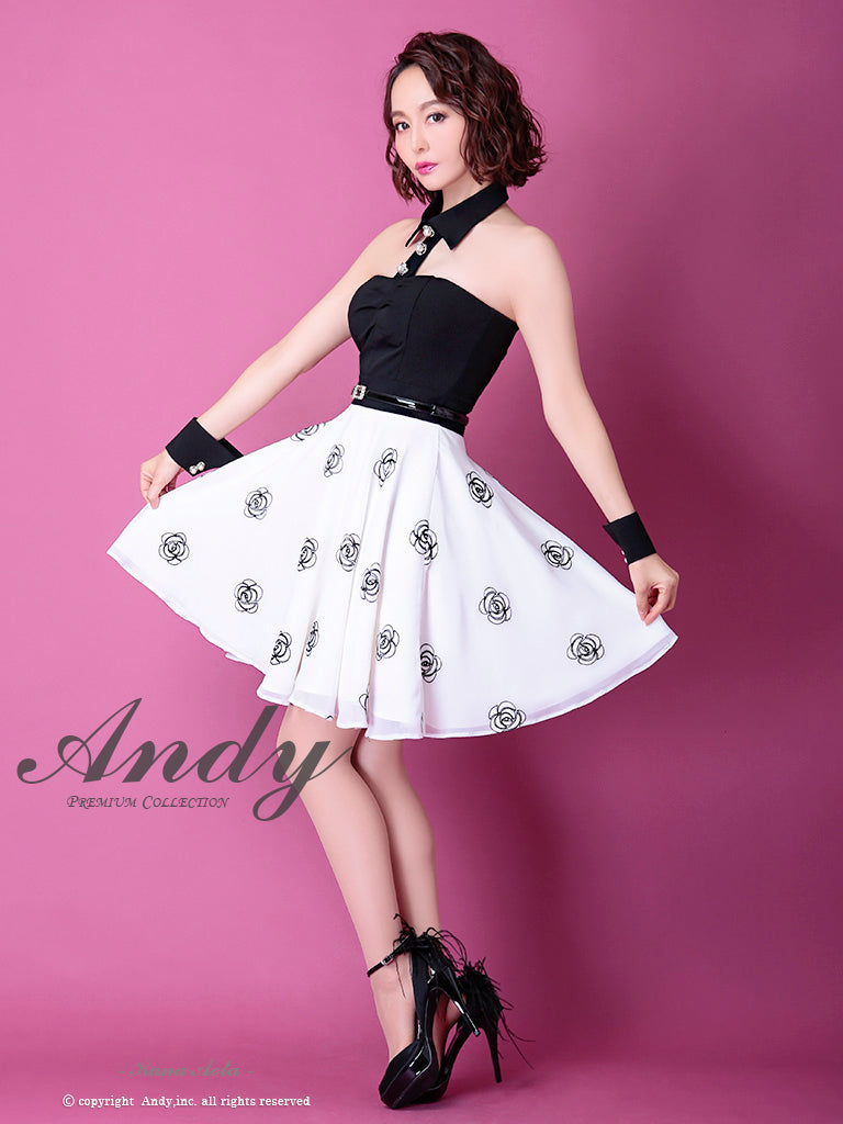 Andy/AN-OK2168/ワンピース/ミニドレス/カフス/ベルト付き/キャバドレス/花柄スカート/ツートンカラー