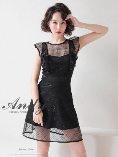 Andy/AN-OK2729/ワンピース/ミニドレス/キャバドレス/スパンコール/チェック柄チュール/パイピング/フレア/フリルスリーブ/Aライン