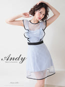 Andy/AN-OK2729/ワンピース/ミニドレス/キャバドレス/スパンコール/チェック柄チュール/パイピング/フレア/フリルスリーブ/Aライン
