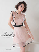 Andy/AN-OK2729/ワンピース/ミニドレス/キャバドレス/スパンコール/チェック柄チュール/パイピング/フレア/フリルスリーブ/Aライン