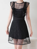 Andy/AN-OK2729/ワンピース/ミニドレス/キャバドレス/スパンコール/チェック柄チュール/パイピング/フレア/フリルスリーブ/Aライン
