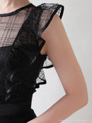 Andy/AN-OK2729/ワンピース/ミニドレス/キャバドレス/スパンコール/チェック柄チュール/パイピング/フレア/フリルスリーブ/Aライン