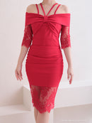 Andy/AN-OK2735/ワンピース/ミニドレス/タイトワンピース/レース/ワンカラー/オフショルダー/袖あり