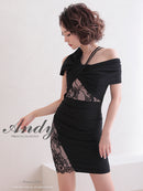 Andy/AN-OK2736/ワンピース/ミニドレス/ワンカラー/レース/リボンデザイン/オフショルダー/レーススリット