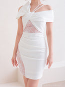 Andy/AN-OK2736/ワンピース/ミニドレス/ワンカラー/レース/リボンデザイン/オフショルダー/レーススリット