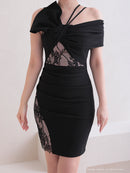 Andy/AN-OK2736/ワンピース/ミニドレス/ワンカラー/レース/リボンデザイン/オフショルダー/レーススリット