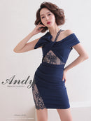 Andy/AN-OK2736/ワンピース/ミニドレス/ワンカラー/レース/リボンデザイン/オフショルダー/レーススリット