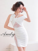 Andy/AN-OK2736/ワンピース/ミニドレス/ワンカラー/レース/リボンデザイン/オフショルダー/レーススリット