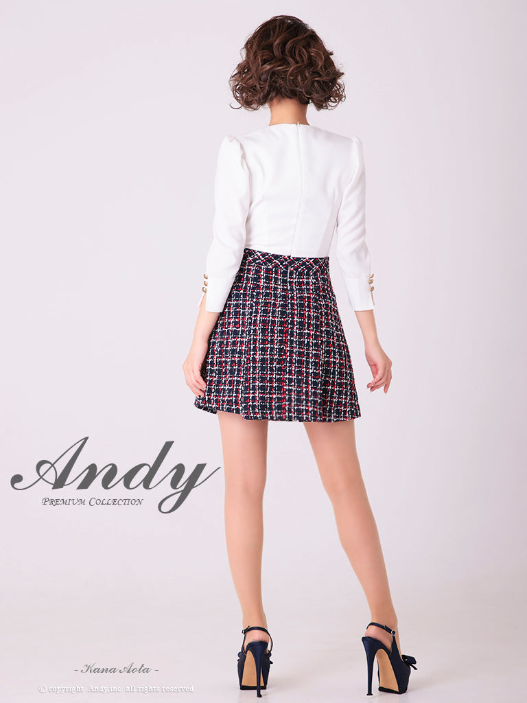 Andy/AN-OK2776/ミニドレス/キャバドレス/七分袖/袖あり/Aライン/切替ワンピース/チェック柄/胸元カットアウト