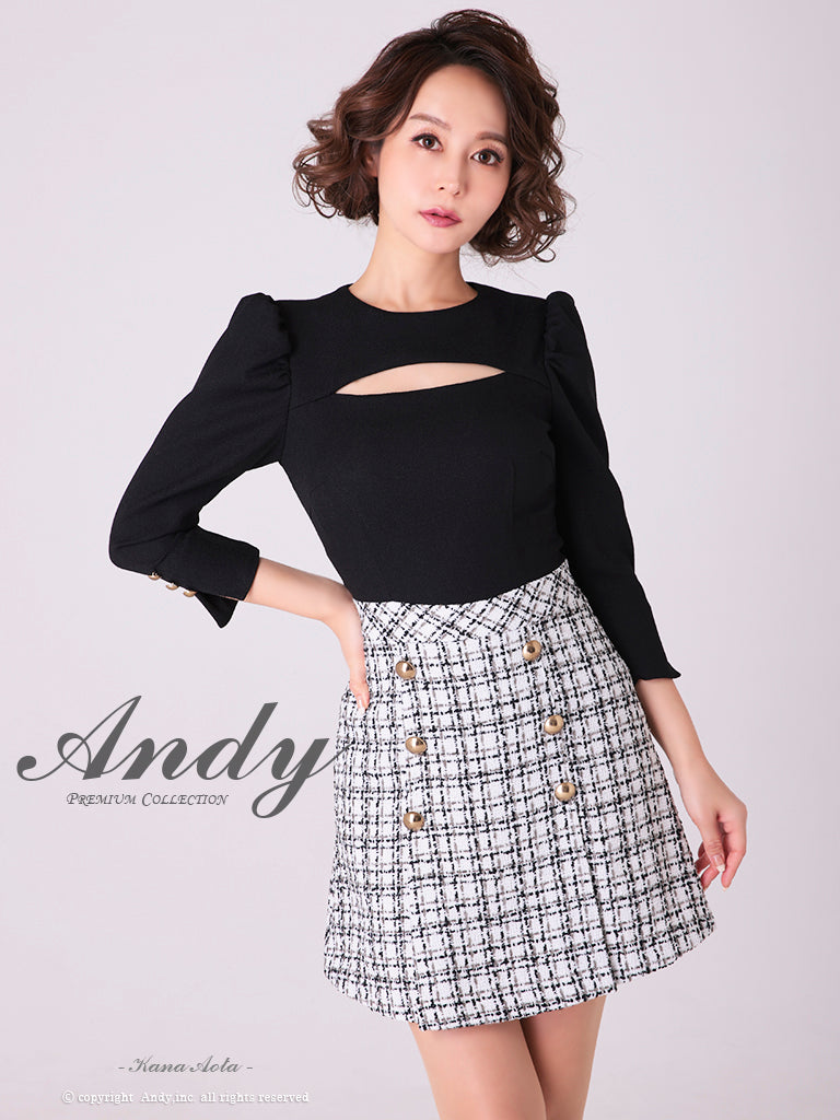 Andy/AN-OK2776/ミニドレス/キャバドレス/七分袖/袖あり/Aライン/切替ワンピース/チェック柄/胸元カットアウト