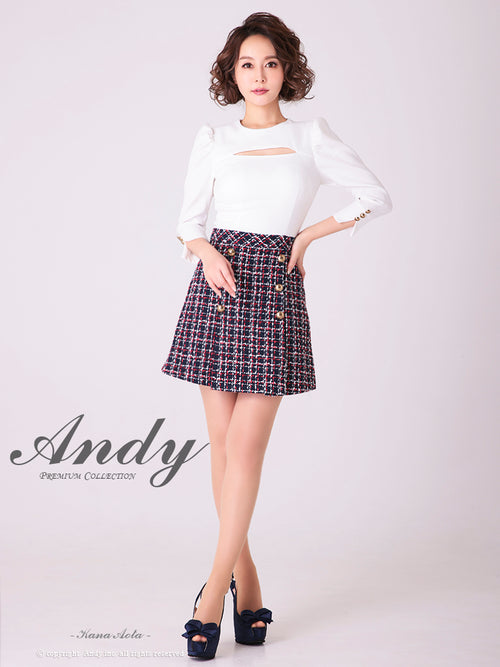 Andy/AN-OK2776/ミニドレス/キャバドレス/七分袖/袖あり/Aライン/切替ワンピース/チェック柄/胸元カットアウト