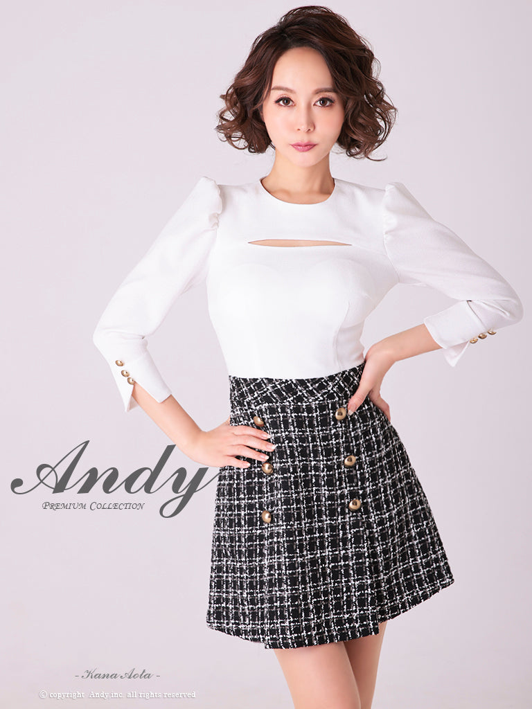 Andy/AN-OK2776/ミニドレス/キャバドレス/七分袖/袖あり/Aライン/切替ワンピース/チェック柄/胸元カットアウト