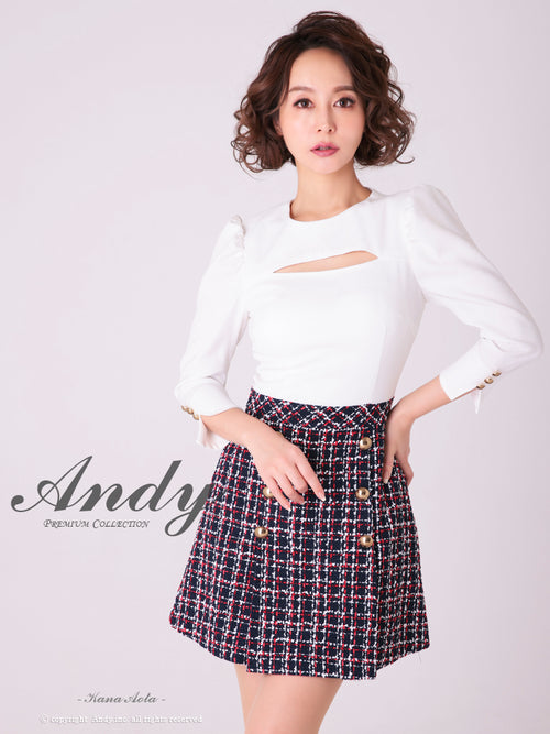 Andy/AN-OK2776/ミニドレス/キャバドレス/七分袖/袖あり/Aライン/切替ワンピース/チェック柄/胸元カットアウト