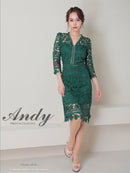 Andy/AN-OK2791/ワンピース/ミディアムドレス/キャバドレス/ワンカラー/総レース/袖あり/七分袖/タイト