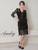 Andy/AN-OK2791/ワンピース/ミディアムドレス/キャバドレス/ワンカラー/総レース/袖あり/七分袖/タイト