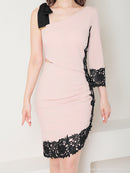 Andy/AN-OK2793/ワンピース/ミニドレス/キャバドレス/タイトワンピース/袖あり/アシンメトリー/ショルダーリボン/左袖/七分袖/レース