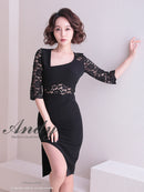 Andy/AN-ON2716/ワンピース/ミニドレス/キャバドレス/ワンカラー/レース/アシンメトリー/袖あり/五分袖/膝丈/タイトドレス