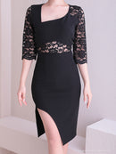 Andy/AN-ON2716/ワンピース/ミニドレス/キャバドレス/ワンカラー/レース/アシンメトリー/袖あり/五分袖/膝丈/タイトドレス