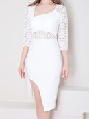 Andy/AN-ON2716/ワンピース/ミニドレス/キャバドレス/ワンカラー/レース/アシンメトリー/袖あり/五分袖/膝丈/タイトドレス