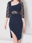 Andy/AN-ON2716/ワンピース/ミニドレス/キャバドレス/ワンカラー/レース/アシンメトリー/袖あり/五分袖/膝丈/タイトドレス