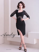 Andy/AN-ON2716/ワンピース/ミニドレス/キャバドレス/ワンカラー/レース/アシンメトリー/袖あり/五分袖/膝丈/タイトドレス