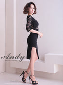 Andy/AN-ON2716/ワンピース/ミニドレス/キャバドレス/ワンカラー/レース/アシンメトリー/袖あり/五分袖/膝丈/タイトドレス