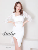 Andy/AN-ON2716/ワンピース/ミニドレス/キャバドレス/ワンカラー/レース/アシンメトリー/袖あり/五分袖/膝丈/タイトドレス