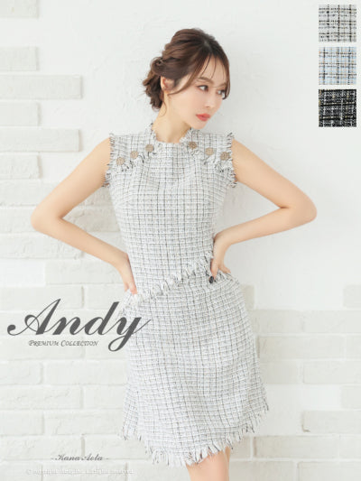 Andy/AN-ON2822/ワンピース/ミニドレス/キャバドレス/ツイード/ボタン/フリンジ/ノースリーブ/Aライン/フレア