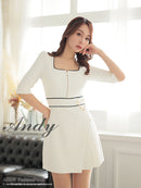 Andy/AN-ON2823/ワンピース/ミニドレス/キャバドレス/フロントジップ/バイカラー/チェーン/袖あり/七分袖/プリーツ