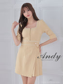 Andy/AN-ON2823/ワンピース/ミニドレス/キャバドレス/フロントジップ/バイカラー/チェーン/袖あり/七分袖/プリーツ