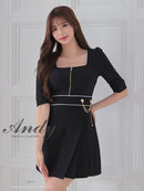 Andy/AN-ON2823/ワンピース/ミニドレス/キャバドレス/フロントジップ/バイカラー/チェーン/袖あり/七分袖/プリーツ