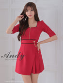 Andy/AN-ON2823/ワンピース/ミニドレス/キャバドレス/フロントジップ/バイカラー/チェーン/袖あり/七分袖/プリーツ