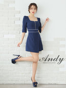 Andy/AN-ON2823/ワンピース/ミニドレス/キャバドレス/フロントジップ/バイカラー/チェーン/袖あり/七分袖/プリーツ