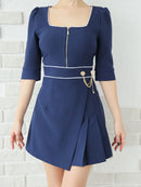Andy/AN-ON2823/ワンピース/ミニドレス/キャバドレス/フロントジップ/バイカラー/チェーン/袖あり/七分袖/プリーツ