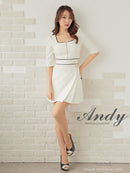 Andy/AN-ON2823/ワンピース/ミニドレス/キャバドレス/フロントジップ/バイカラー/チェーン/袖あり/七分袖/プリーツ